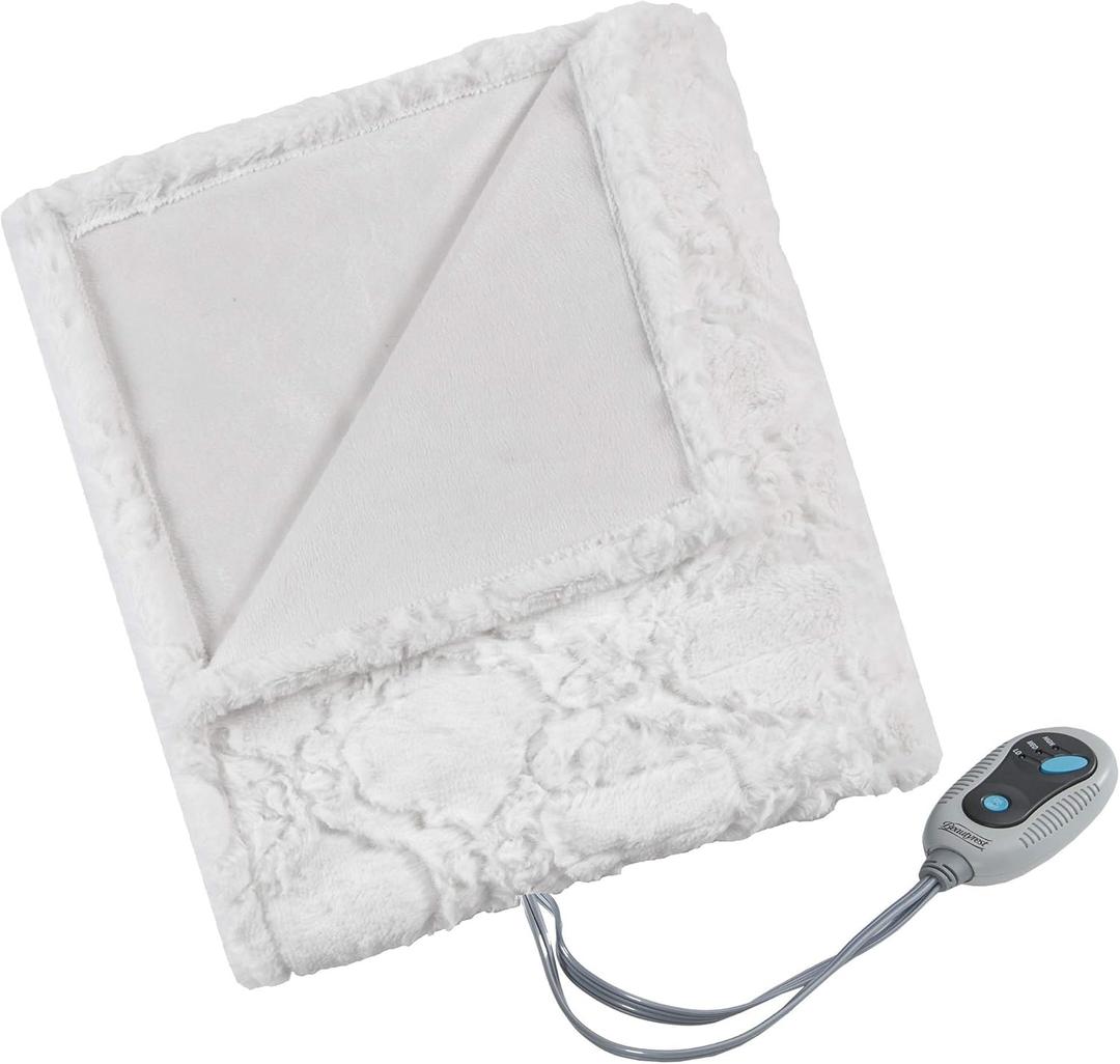 Beautyrest Long Brushed Faux Fur Ogee Textured Design Electric Blanket, Auto Shut Off, Virtually Zero EMF, Multi Heat Setting, UL Certified, Machine Washable, Ivory Throw 50x60