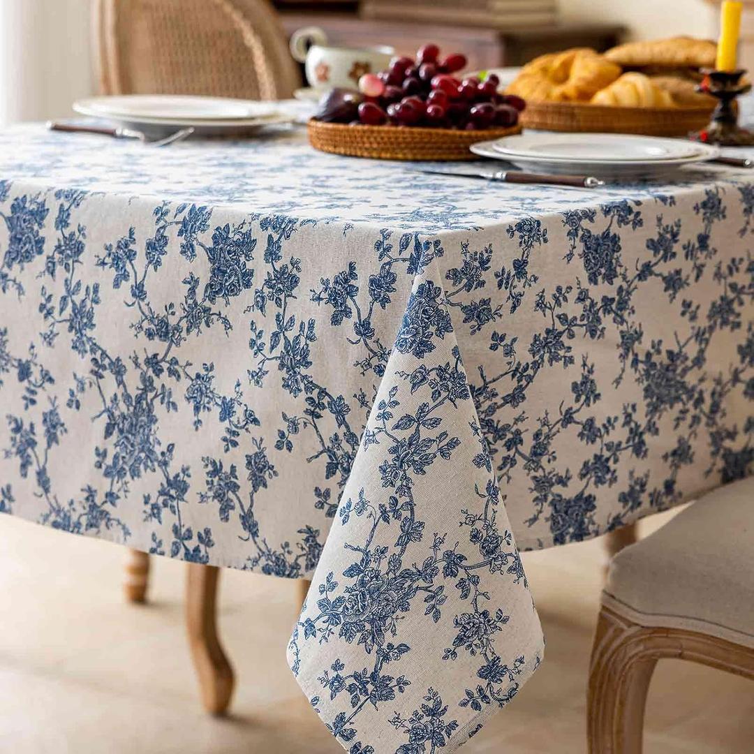 Square Tablecloth 55 x 55 Inch - Vintage Beige Linen Look Table Cloth - Machine Washable Farmhouse Pastoral Water Resistant Table Cover, Picnic, Indoor Kitchen Outdoor & Dining, Blue Floral Flower