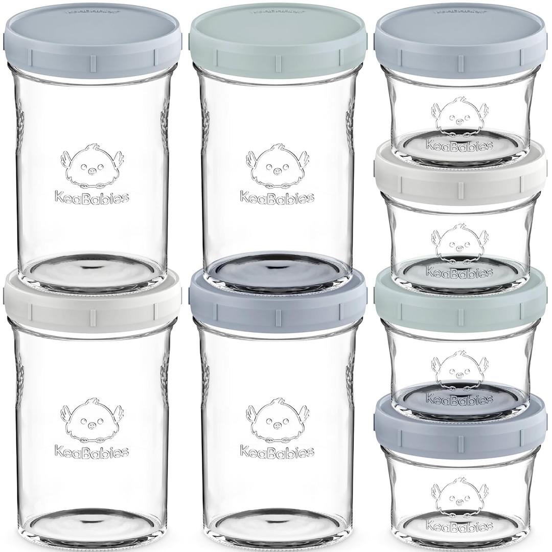 KeaBabies 4pk 8oz & 4pk 4oz Glass Baby Food Containers with Lids - Leak-Proof, Microwavable Small Glass Jars, Baby Purees & Toddler Snack Storage Containers, BPA-Free, Dishwasher & Freezer Safe(Slate)