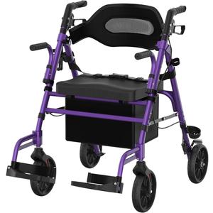 Walkers for Seniors with Seat, Extra Wide 2 in 1 Rollator Walker & Transport Chair with Reversible Backrest & Detachable Footrests, Foldable Wheelchair Combo with 8" Anti-Slip PU Wheels, Purple