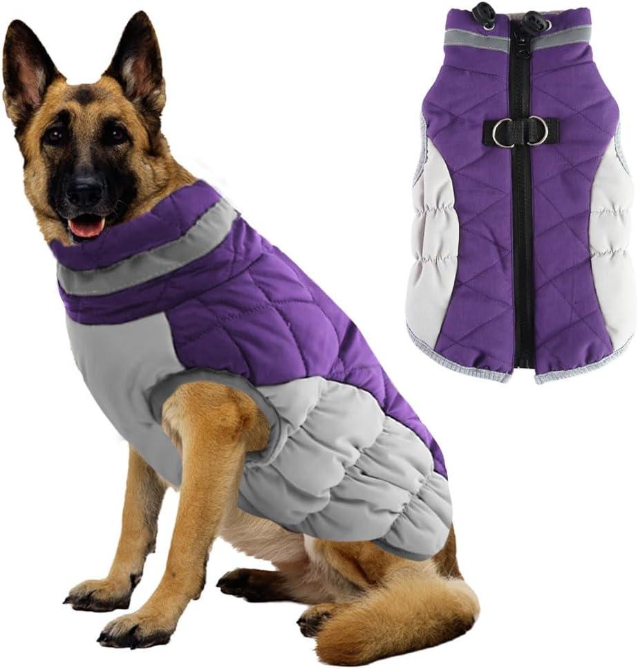 Voarge Dog Winter Coat, Vest with Harness, Warm Reflective Dog Jacket, Winter Warm Cold Weather Jacket for Small, Medium and Large Dogs (Lilac, L)