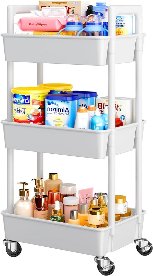 Pipishell 3 Tier Rolling Cart Organizer, Plastic Rolling Cart with Lockable Wheels & Reinforced Handle, Lightweight Utility Cart Storage Cart for Nursery, Kitchen, Bathroom, Craft Room, White, PIUC14W (3-Tier, White)