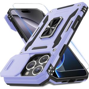 DEERLAMN Case for iPhone 16 Pro Max with Slide Camera Cover+Screen Protector (1 Pack), Rotated Ring Kickstand Military Grade Shockproof Protective Cover-Light Purple