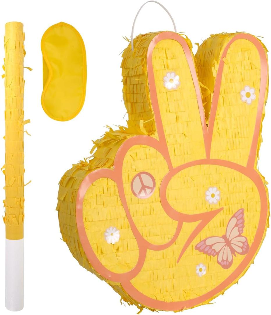 Two Groovy Pinata - Groovy Pinata with Blindfold and Bat for Kids Groovy Hippie Theme Birthday Party Game Decorations (Small Size 16x12x3)
