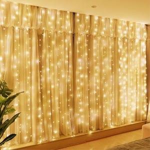 HXWEIYE 300LED Fairy Curtain Lights, 9.8x9.8Ft USB Plug-in 8 Modes Christmas String Hanging Lights with Remote for Bedroom Backdrop Wedding Indoor Wall Decor, Warm White, Standard –3  Packs