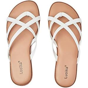 Luoika Women's Wide Width Flat Sandals, Flip Flop Slides Sandal Casual Strapy Sandal Slip on Summer Beach Shoes for Women. 9.5