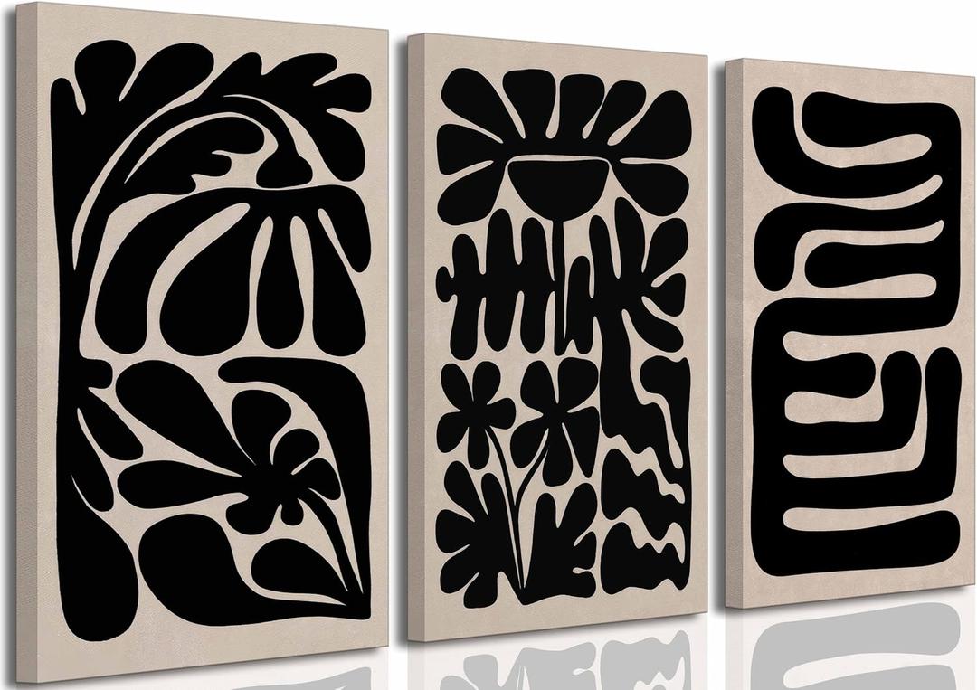 3 Pcs Boho Abstract Floral Canvas Wall Art Mid Century Modern Minimalist Black Neutral Flower Botanical Picture Wall Decor Poster Print Artwork for Living Room Bedroom Home Decoration (12x16in)