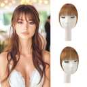 100% Real Human Hair Light Brown Fake Bangs Clip in Hair Extensions Wispy Bangs Fringe with Temples Hairpieces for Women Curved Bangs for Daily Wear