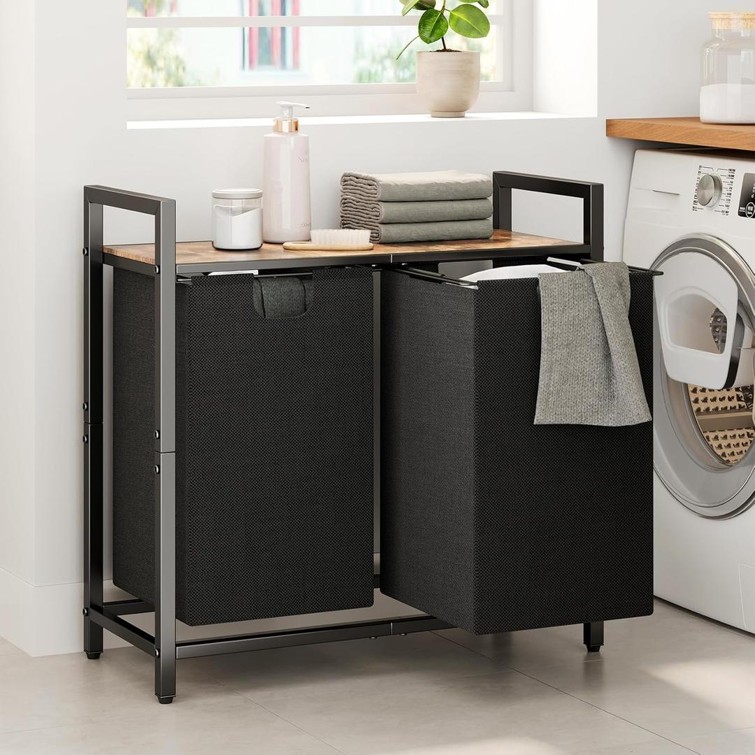 Kitstorack Laundry Basket Organizer, Laundry Hamper with Shelf & 2 Pull-Out Removable Bags, Dirty Clothes Hamper Organizer for Laundry Room Bathroom and Dorm, 2 x 11.8 gallons (44.5L) (2 Bags(28.4"L x 12.6"W x 27.6"H), Rustic BrownBlack)