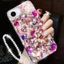 for iPhone 16e Glitter Bling Case, Cute Luxury 3D Sparkle Crown Crystal Rhinestones Diamond Gemstones Pearl with Lanyard Wrist Strap Women Girls Phone Case for iPhone 16e 6.1" 2025 (Hot Pink)