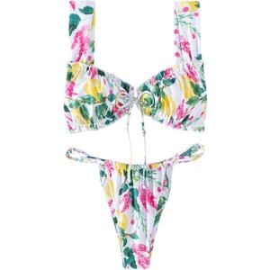 SweatyRocks Women's Floral Print Knot Front Ruffle Bathing Suit Two Piece Bikini Set S