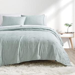 BOURINA Embroidery Quilt Set 3-Piece Full/Queen Quilt Set Pre-Washed Microfiber Ultra Soft Lightweight Star Embroidery Bedspread Coverlet Set, Aqua