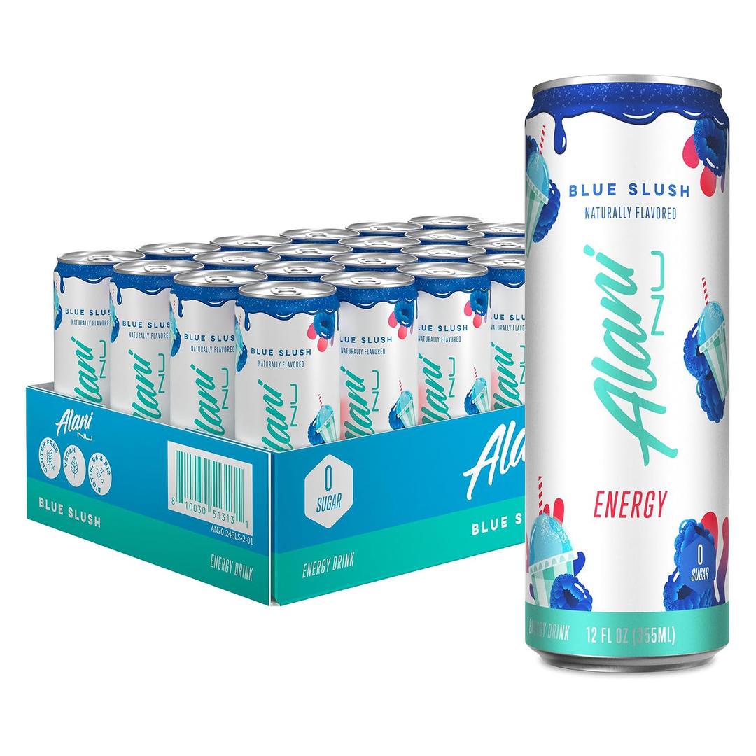 Alani Nu BLUE SLUSH, Sugar Free, Low Calorie Energy Drinks, 200mg Caffeine, Biotin, B Vitamins, Zero Sugar, 10 Calories, 12 Fl Oz Cans, 24 Pack (EXP 09/26/26)