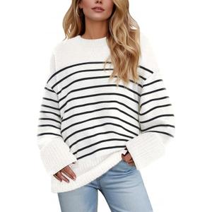 Women's Oversized Crewneck Sweaters, Long Sleeve Fuzzy Knit Casual Chunky Warm Fall Pullover Sweaters Top Trendy Outfits (White-black Stripes, Large)