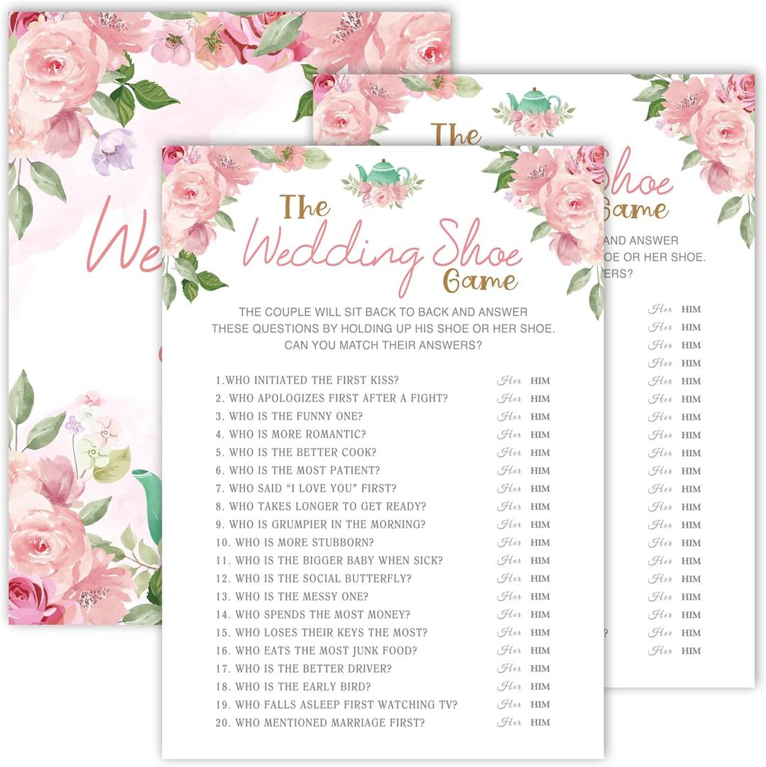 Bridal Shower Games, Blush Pink Floral Wedding Party Games, The Wedding Shoe Game - Bachelorette Party Games, Engagement Party Game Ideas, Tea Party Decor Supplies Favors, (25 Cards) -03