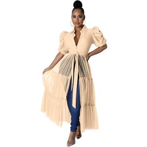 Ekaliy Women Sexy Short Sleeve Bodycon High Low Asymmetrical Ruffle Tunics Blouse Shirt Top Dress XL Apricot