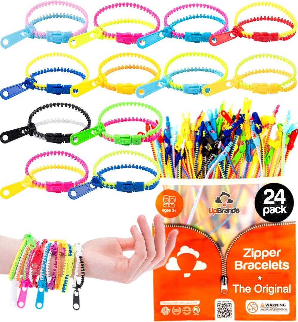 UpBrands 24 Fidget Toys Zipper Bracelets 7.5 Inches, Easter Basket Stuffers, Sensory Toys Bulk Set, Neon Colors, Kit for Birthday, Party Favors for Kids, Easter Egg Fillers