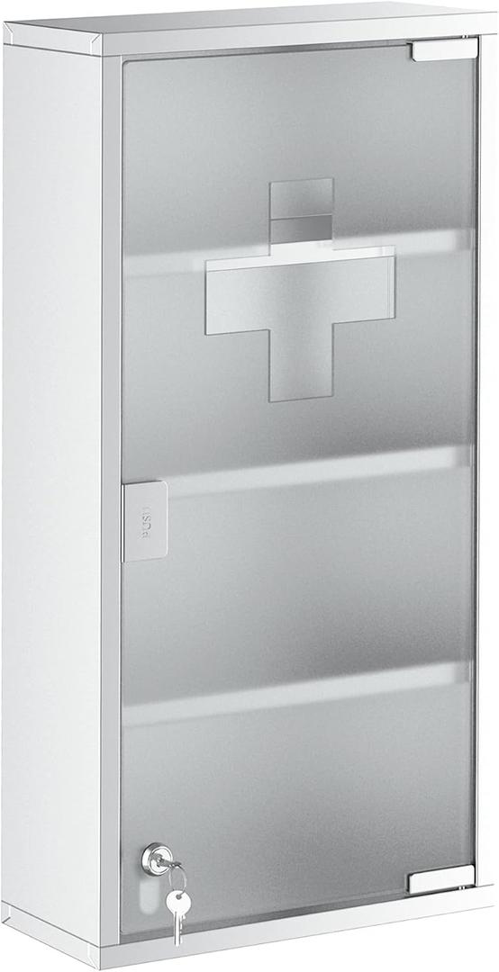 Locking Medicine CabinetMedicine Cabinet Bathroom Cabinet Wall Mount with 4 Tier ShelvesStainless Steel Frame and Glass Door, Lockable with 2 Keys, Silver, 12" X 24"