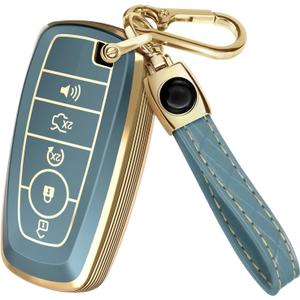 Lucrum Compatible with Ford Key Fob Cover & Leather Keychain, Keyfob Case for Bronco Explorer Edge Escape Expedition Fusion (Blue)