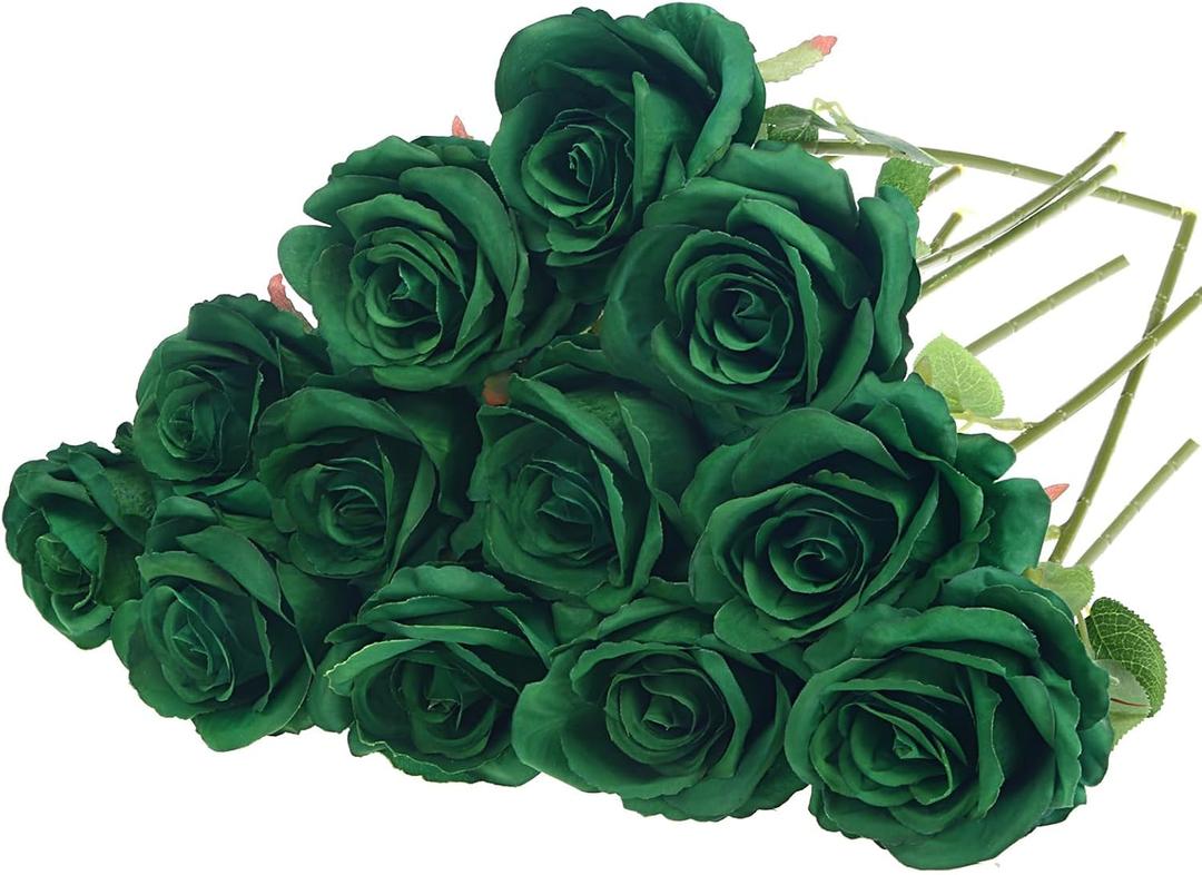 Felice Arts 12 Pack Green Roses Artificial Flowers with Stems Silk Roses for Vase Fake Flowers Bouquet for St Patricks Day Wedding Table Home Kitchen Party DIY Christmas Decor