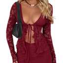 CSDAJIO 2 Piece Outfits for Women Floral Lace Open Front Tie Up Long Sleeve Crop Top Blouse Shirt and Mini Skirt Set Large, Red