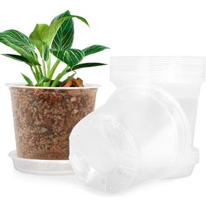 FUIJOL 7 Inch Clear Nursery Pots for Plants with Sacuers 15 Pack, Plastic Flower Pots with Drainage Holes, Variety Pack Seedlings Garden Pot for Indoor Outdoor (7 inch)
