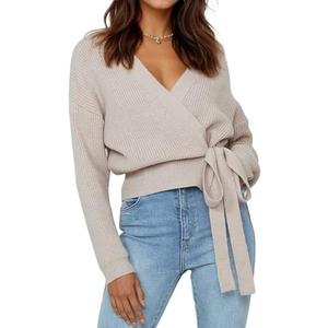 LANYO LILI Women’s Wrap Top Cropped Sweater V-Neck Long Sleeve Ribbed Knit Pullover with Side Tie, Small