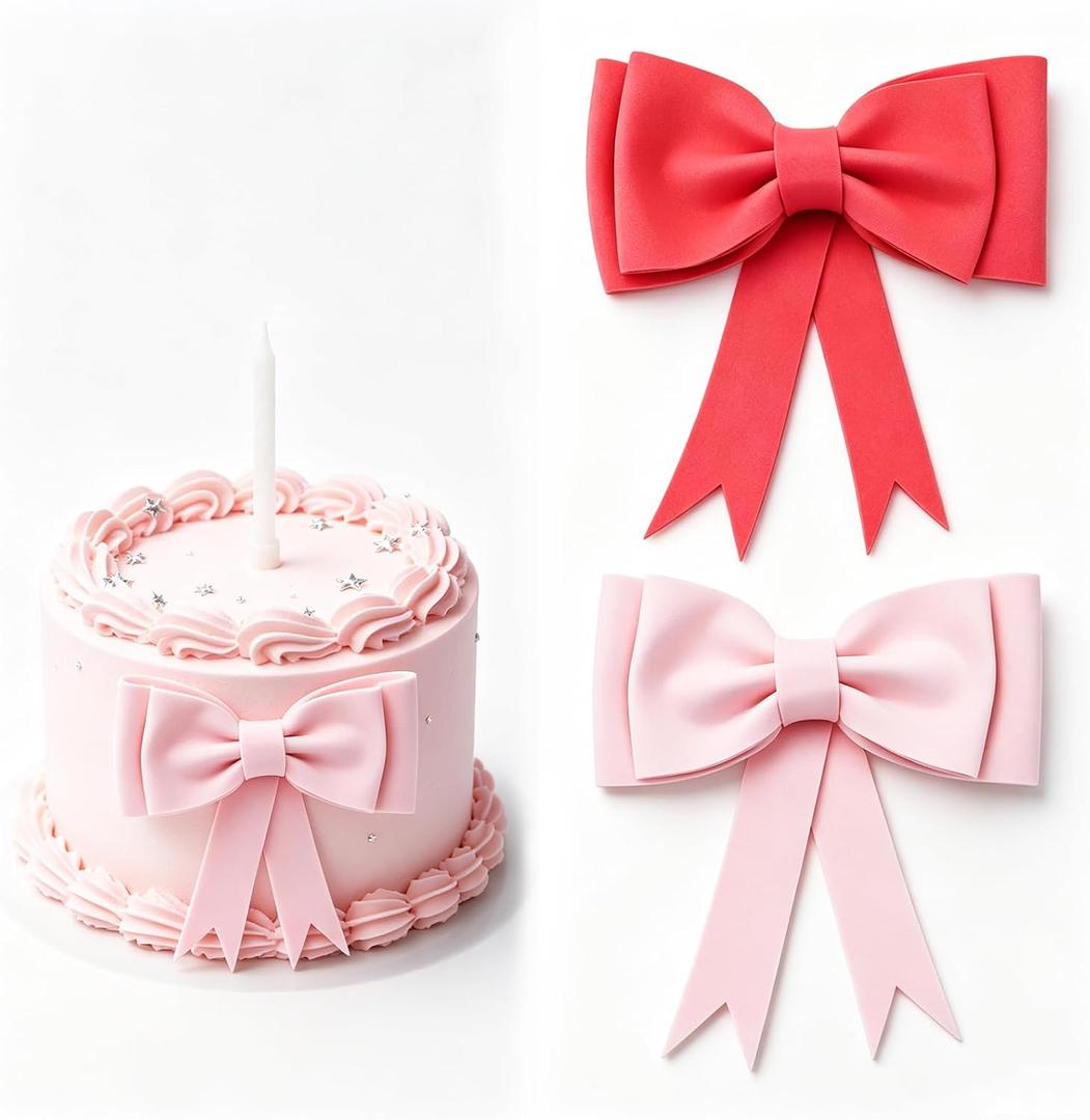 2 Pack Red Pink Bow Cake Topper Large EVA Decorations | Large EVA bow cake topper set. Perfect for birthday cakes, wedding cakes desserts. Decorative cake accessories for a party.