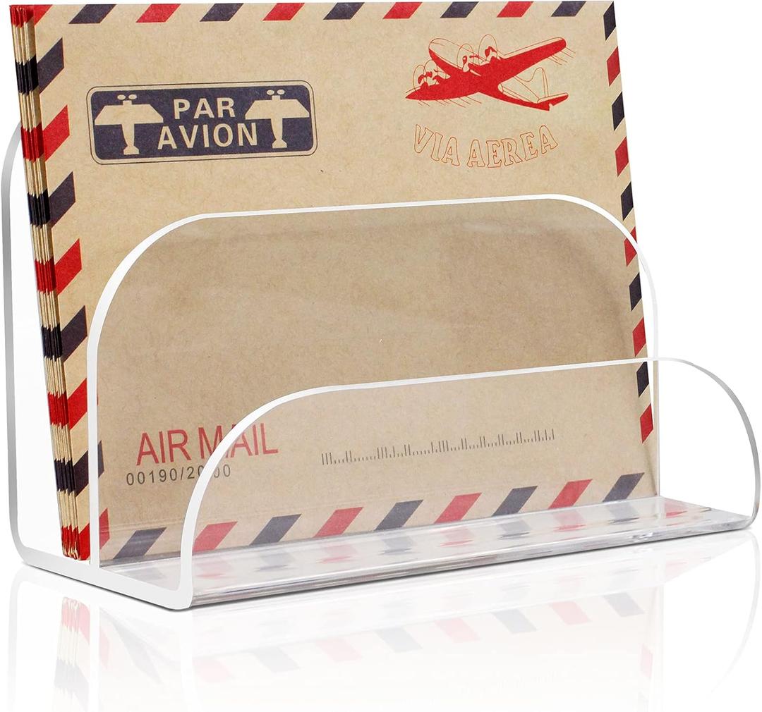 Acrylic Mail Organizer - 2 Section Desk Organizer with File Sorter and Letter Holder