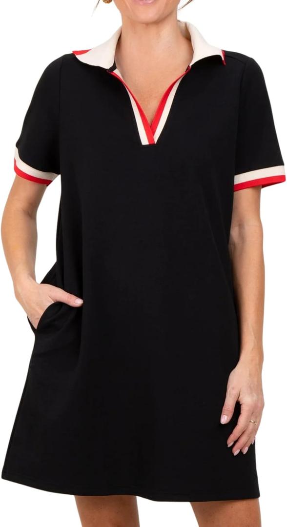 Polo Mini Dress for Women Casual V Neck Short Sleeves Tennis Dress Contrast Trim Shirt Dress with Pockets (Small, Black)