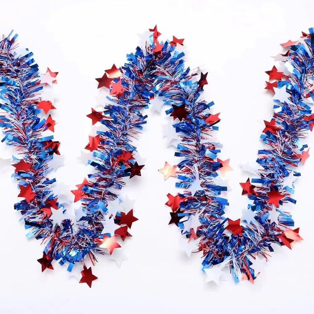 4th of July Red White Blue Star Tinsel Garland - 33 Ft Memorial Day Patriotic Decoration Independence Day Metallic Tree Garland Glitter Tinsel Hanging Twist for Veterans Day Decor