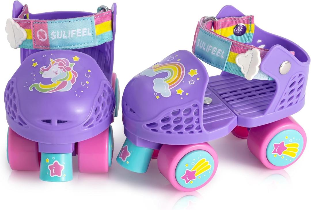 SULIFEEL Kids Adjustable Quad Roller Skates, Toddler Beginner Roller Skates for Girls and Boys Age 2-5 Years Old (Unicorn Purple)