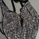 Verdusa Women's Cheetah Print Sequin Top Y2K Tie Back Corset Halter Going Out Crop Tops (Medium, Black)