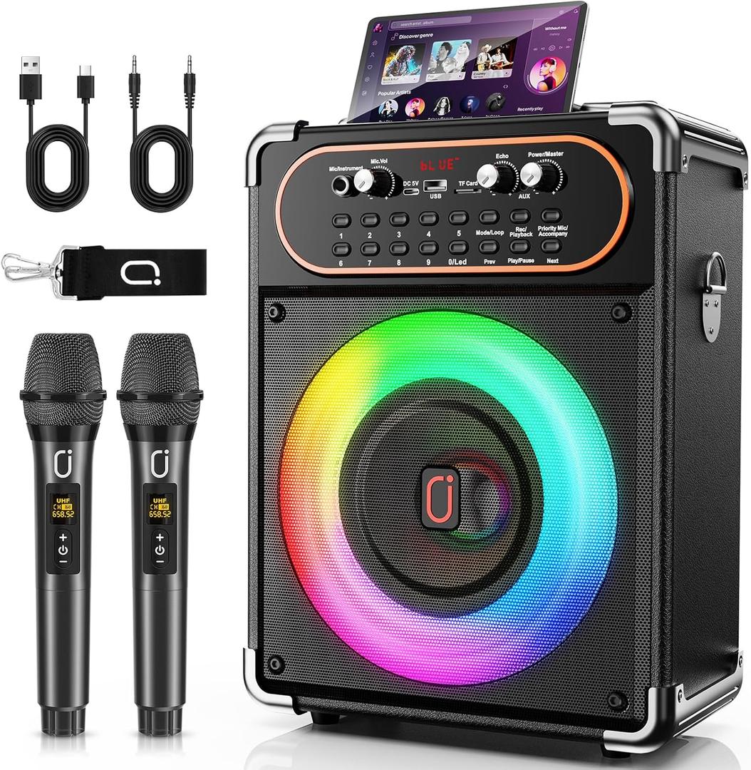 Karaoke Machine, Portable Bluetooth 5.3 Speaker with 2 Wireless Microphones for Adults, PA System with Echo Adjustment, Support TWS/TF Card/USB/AUX/TVs Connected