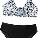 SHENHE Girl's 2 Piece O Ring Bikini High Waisted Spaghetti Strap Cute Swimsuit Bathing Suit (Black and White) 12-13Y