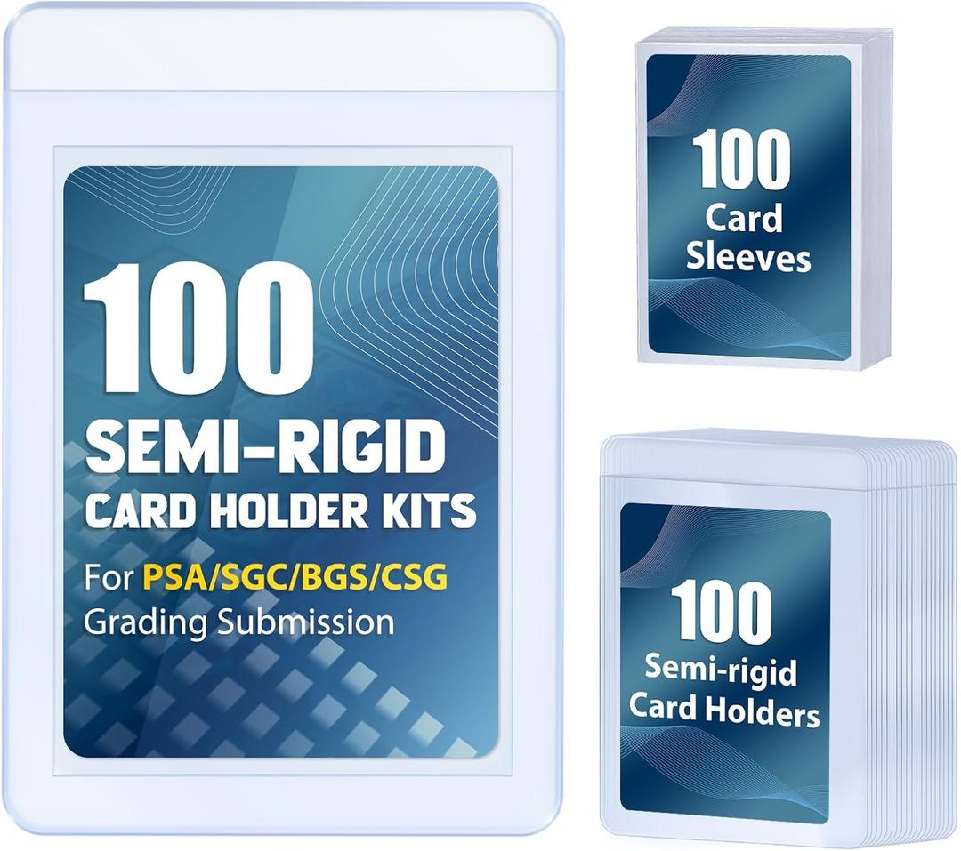100ct Semi-Rigid Card Holder and 100ct Penny Sleeves, Grading Card Sleeves for PSA, BGS, SGC, Card Submission Kit with 1/2" Lip, Toploader Card Protectors for Grade Sending Collection Trading