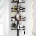 Corner Shower Caddy Tension Pole, 4-Tier Stainless Steel Rustproof Bathroom Shower Organizer 47-114 Inch Height Adjustable Shower Shelves, No-Drill Required Black