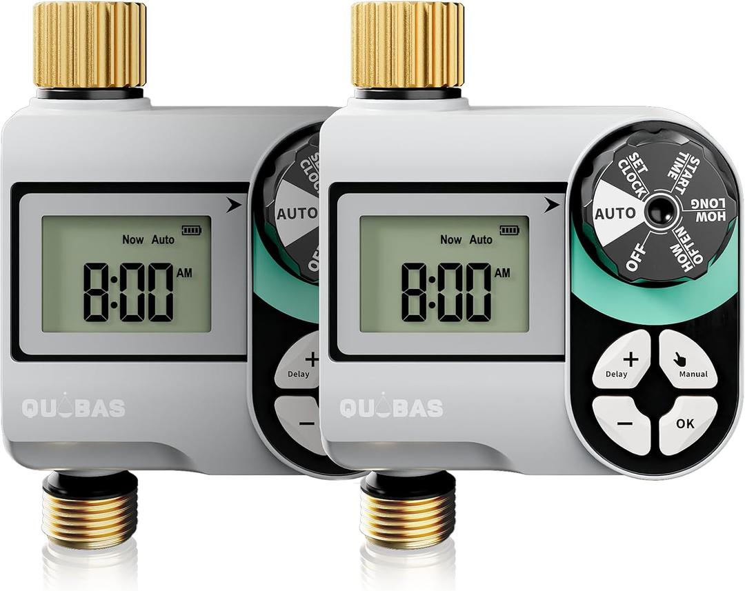 [2 Pack] QUOBAS Digital Water Timer, Programmable Sprinkler Controller, Large LCD Display, Auto/Manual/Delay Modes, for Garden Hose Watering and Drip Irrigation System