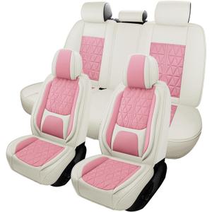 otoez Car Seat Covers Full Set, Nappa Leather Seat Covers for Cars with Lumbar Support, Breatheable Automotive Seat Cover Protector Universal Fit for Most Car Sedan SUV Truck, Pink & White