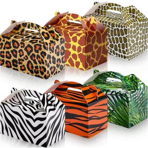 Spakon 24 Pcs Safari Gift Bags Bulk Jungle Animal Party Favor Boxes Zoo Animal Print Gift Goodie Candy Bags Paper Wildlife Treat Boxes for Kids Safari Themed Birthday Baby Shower Decoration Supplies