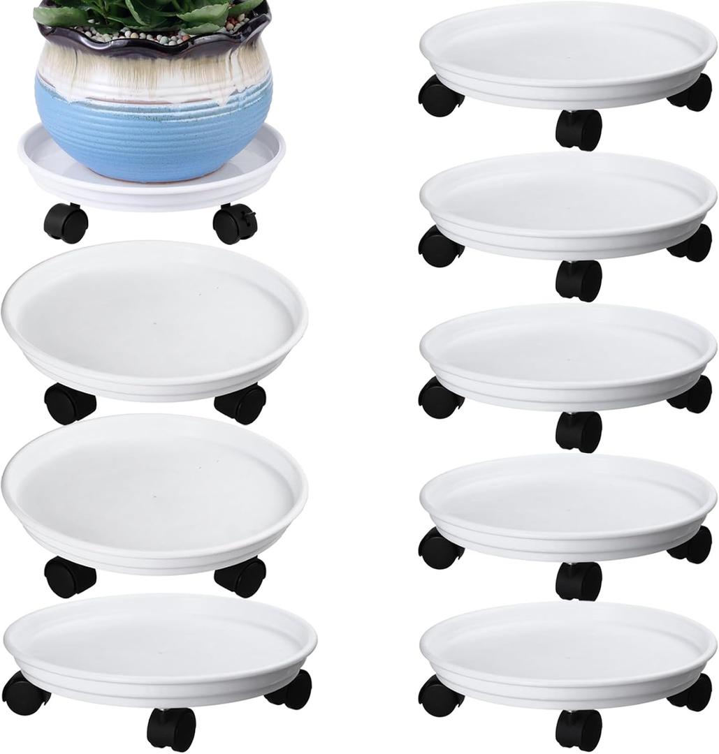 8 Packs Plant Caddy with Wheels 11.8" Plastic Rolling Plant Stands Heavy-Duty Plant Dolly with Casters Indoor Outdoor Wheeled Plant Roller Base Large Planter Saucers Plant Mover (White)