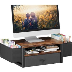 Desk Organizers and Accessories, 3-Tier Computer Monitor Stand Riser with Fabric Drawer & 6 Pen Holder, Office Desk Accessories Workspace Desktop Organizer for Office Supplies, Rustic Brown