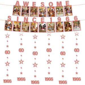 Awesome Since 1966 Photo Banner - 8 Pcs 60 Birthday Party Decorations Rose Gold Number 60 Circle Dot Twinkle Star Hanging Streamer Party Supplies for Women Happy 60 Year Old Bday Backdrop Decoration