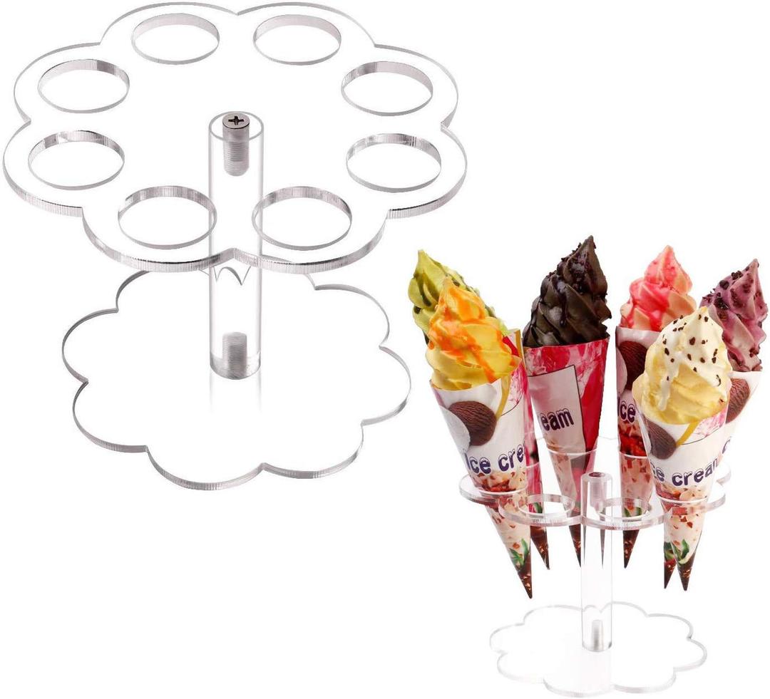 2 Pack Acrylic Mini Ice Cream Cone Display Clear Cotton Candy Waffle Cone Stand Cupcake Holder for Weddings Baby Showers Birthday Party Anniversaries Decor (8 Hole)