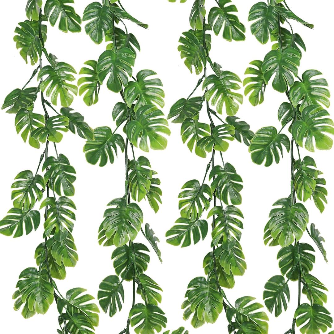 RECUTMS 4Pcs Artificial Monstera Leaves Vines, 5.9FT Fake Hanging Plant Ivy Faux Tropical Palm Leaf Greenery Garland for Garden Porch Patio Jungle Luau Beach Birthday Party Indoor Outdoor Spring Decor