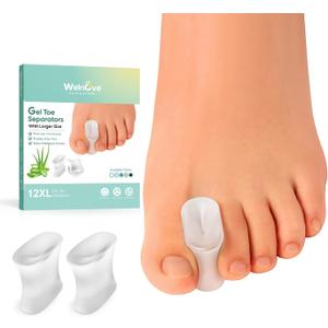 Welnove Upgraded Gel Toe Separators  12-Pack Aloe Vera Extract Infused Silicone Toe Spacers for Straightening Overlapping Toes, Bunions, Calluses  Bunion Corrector for Men and Women (X-Large Size)