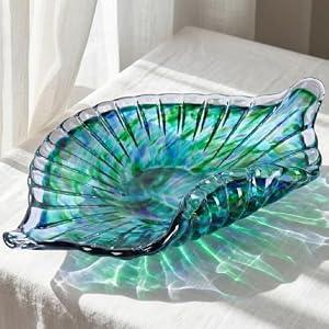 LCCCK Large Hand Blown Glass Seashell Bowl, Pretty Leaf Display Candy Dish, Coastal Decorative Bowls for Home Decor, Unique Blown Glass Art for Kitchen Counter Fruit ou Office Candy Dish