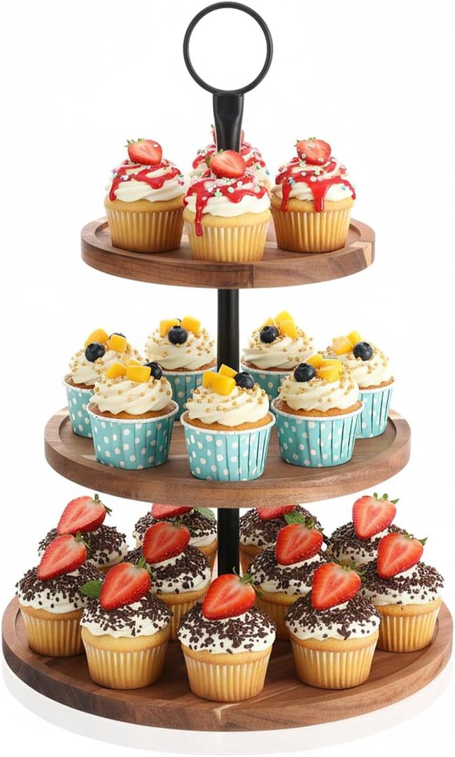 3 Tier Cupcake Stand, Round Wooden Cupcake Display Stand with Metal Handle, Wood Tiered Serving Tray Cupcakes Tower, Rustic Dessert Table Display Holder, for Wedding Tea Party Decor