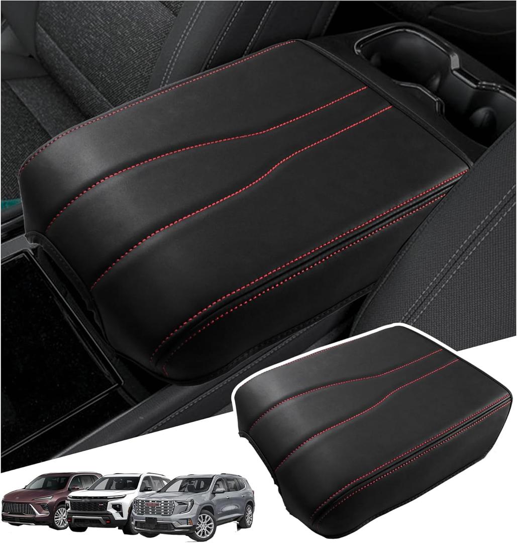 Center Console Armrest Cover Compatible with 2024-2025 Chevy Traverse/2024-2025 GMC Acadia/2025 Buick Enclave Interior Accessories, Leather Middle Console Lid Pad Protector Red Lines