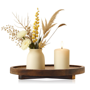 12 inch Large Round Decorative Tray Wood Bathroom Counter Organizer Farmhouse Kitchen Decor Wooden Riser for Perfume Soap Dish Wood Decorative Candle Holders for Home Decor Brown Table Centerpieces
